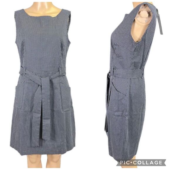 Tommy Hilfiger Womens Sheath Dress Polka Dot Sleeveless Tie Belted Navy Blue - Picture 1 of 14